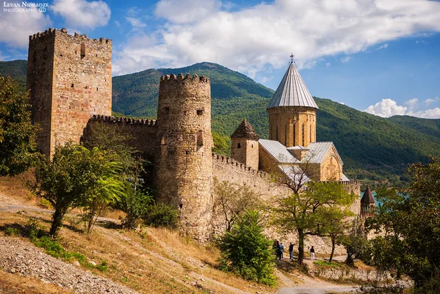 Panoramic view from the tower of Ananuri Fortress — gorge and Zhinvali Reservoir