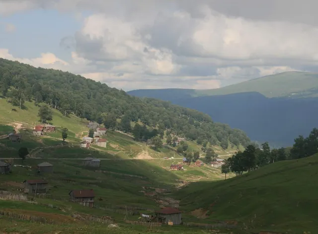Summer wooden houses on the green slope of the Goderdzi Pass in Adjara