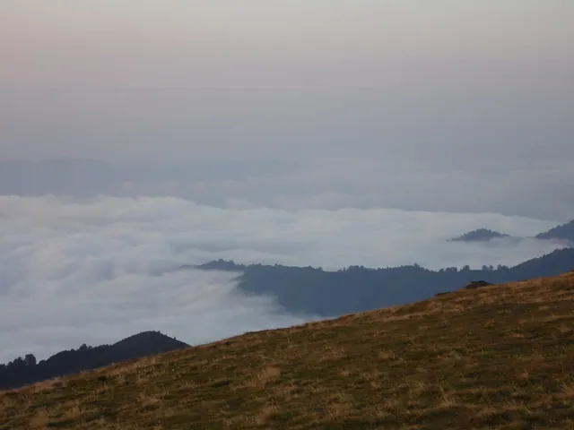 Slope of Gomis Mta above valleys filled with a cloud sea
