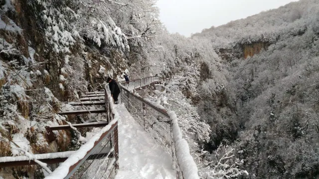 Okatse Canyon suspended walkway in winter covered in snow — Georgia off-season visit