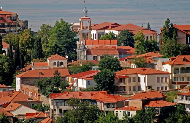 Terracotta rooftops of Sighnaghi, a white tower and the Alazani Valley in haze