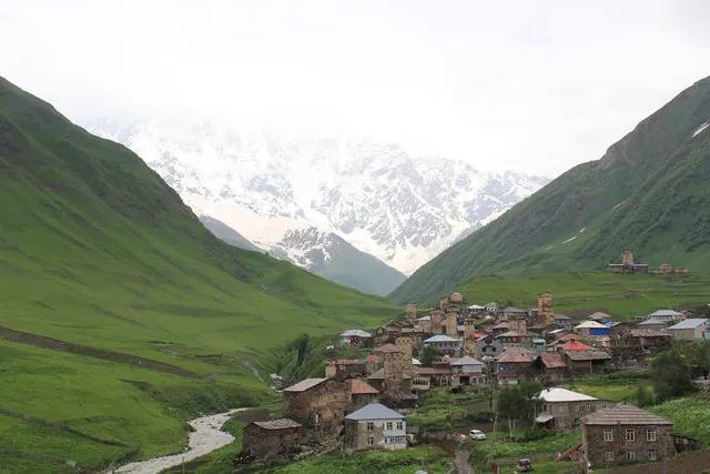 Ushguli with its Svan towers and Shkhara on the horizon