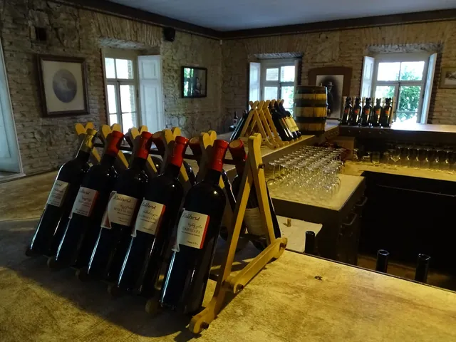 Georgian wine bottles at a tasting in the Tsinandali cellar