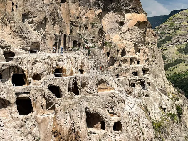 Vardzia caves close-up – multi-level cave openings and visitor walkways